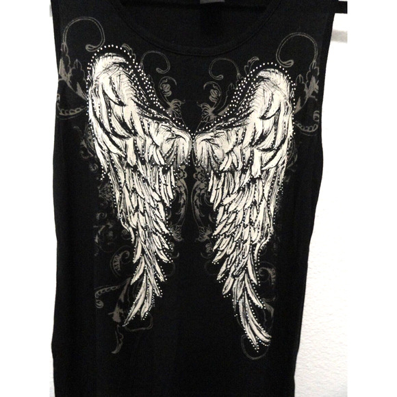 From Los Angeles Bus Stop Rhinestone Wings Black Tank Top Y2K Women's Size Large - Picture 2 of 9